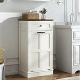 40.3” White Tilt-Out Trash Can Cabinet with Drawer & Wood-Look Top – Kitchen Storage