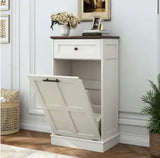 40.3” White Tilt-Out Trash Can Cabinet with Drawer & Wood-Look Top – Kitchen Storage