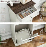 40.3” White Tilt-Out Trash Can Cabinet with Drawer & Wood-Look Top – Kitchen Storage