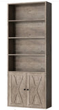 70.9” Tall Farmhouse Bookshelf with 4 Open Shelves & 2-Door Storage Cabinet – Gray Wood