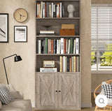 70.9” Tall Farmhouse Bookshelf with 4 Open Shelves & 2-Door Storage Cabinet – Gray Wood