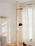 98.5”–118” Adjustable Floor-to-Ceiling Cat Tree Climbing Tower with Multiple Platforms – Natural Wood