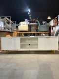 70.8” White Fluted TV Stand Media Console with Gold Legs & Storage Cabinet