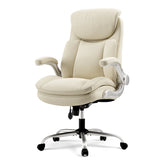 High Back Executive Office Chair Big and Tall, Flip Arms Faux Leather Beige