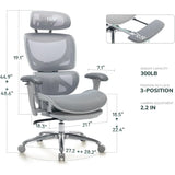 Ergonomic Mesh Office Chair with Footrest 3D Arms Adjustable Headrest- Gray