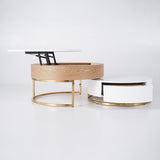 Nesnesis Modern Round Lift-Top Nesting Wood Coffee Tables With 2 Drawers White & Natural