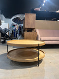 Sage Round Oak Coffee Table – Dual Tray Design on Slim Black Metal Frame, 33″ Diameter Modern Accent