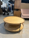 Sage Round Oak Coffee Table – Dual Tray Design on Slim Black Metal Frame, 33″ Diameter Modern Accent