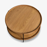 Sage Round Oak Coffee Table – Dual Tray Design on Slim Black Metal Frame, 33″ Diameter Modern Accent