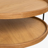 Sage Round Oak Coffee Table – Dual Tray Design on Slim Black Metal Frame, 33″ Diameter Modern Accent