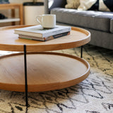 Sage Round Oak Coffee Table – Dual Tray Design on Slim Black Metal Frame, 33″ Diameter Modern Accent