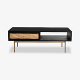 Fernish Liza Coffee Table – Black Mango Wood & Cane, Brass Legs, Drawer + Open Shelf, 45.5″