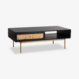 Fernish Liza Coffee Table – Black Mango Wood & Cane, Brass Legs, Drawer + Open Shelf, 45.5″
