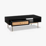 Fernish Liza Coffee Table – Black Mango Wood & Cane, Brass Legs, Drawer + Open Shelf, 45.5″