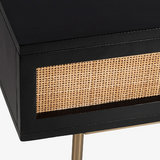 Fernish Liza Coffee Table – Black Mango Wood & Cane, Brass Legs, Drawer + Open Shelf, 45.5″