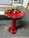 28" Tall Outdoor Metal Birdbath with Birds and Leaves Yard Statue Decoration, Red