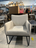 Modern Beige Upholstered Armchair with Grey Metal Base – Contemporary Accent Lounge Chair