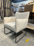 Modern Beige Upholstered Armchair with Grey Metal Base – Contemporary Accent Lounge Chair