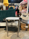 Solid White Marble Top Accent Table with Polished Nickel Base and Smoked Glass Shelf – Modern Living Room Side Table