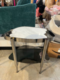 Solid White Marble Top Accent Table with Polished Nickel Base and Smoked Glass Shelf – Modern Living Room Side Table