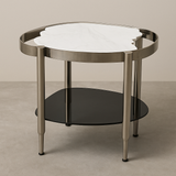 Solid White Marble Top Accent Table with Polished Nickel Base and Smoked Glass Shelf – Modern Living Room Side Table