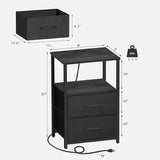 Charging Nightstand Side Table w/ USB Ports & Fabric Drawer Black