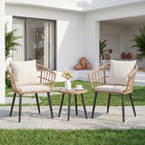 3-Piece Outdoor PE Rattan Patio Furniture Set Beige Cushions