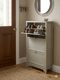 Narrow 3-Tier Shoe Cabinet Organizer with Flip Drawers – Light Oak Finish