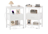 Set of 2 Nightstands Charging Station USB Ports Fabric Drawer White End Tables