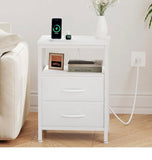 Nightstand with Charging Station USB Type C Fabric Drawers White End Table Bedroom Storage