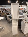 Slim White Linen Cabinet Storage Tower with Drawer & Open Shelf Organizer