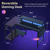 40” Reversible L-Shaped Gaming Desk with LED Lights, USB Charging & Storage Shelves