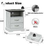 24” White Farmhouse Nightstand with Charging Station, 2 Drawers & Open Shelf