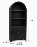 71 Inch Arched Bookcase Cabinet with Doors 5 Tier Storage Shelves Black Display Cabinet