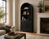 71 Inch Arched Bookcase Cabinet with Doors 5 Tier Storage Shelves Black Display Cabinet