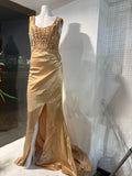 Gold Formal Gown (L/XL) – Sequin Bodice & Satin Floor-Length Train Dress