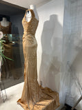 Gold Formal Gown (L/XL) – Sequin Bodice & Satin Floor-Length Train Dress