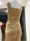 Gold Formal Gown (L/XL) – Sequin Bodice & Satin Floor-Length Train Dress