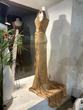Gold Formal Gown (L/XL) – Sequin Bodice & Satin Floor-Length Train Dress