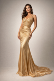 Gold Formal Gown (L/XL) – Sequin Bodice & Satin Floor-Length Train Dress