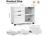 3 Drawer Rolling File Cabinet with Shelves Wood Storage Cabinet. White