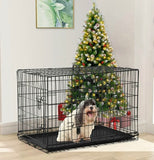 30 Inch Dog Crate Double Door Folding Metal Wire Kennel with Tray Black