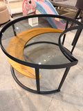 Minimalist Modern Moon-Shaped Coffee Table with Tempered Glass Top and Open Storage Shelf