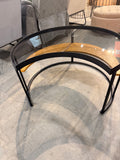 Minimalist Modern Moon-Shaped Coffee Table with Tempered Glass Top and Open Storage Shelf