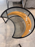 Minimalist Modern Moon-Shaped Coffee Table with Tempered Glass Top and Open Storage Shelf
