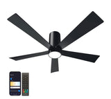 52-Inch Smart Flush Mount Ceiling Fan with LED Light Black Modern Design