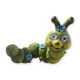 Alpine QWR1494SLR solar caterpillar garden statue with LED eyes and blue flowers – product view on white
