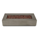 Real Flame Aegean 70 inch rectangle propane fire pit table in Mist Gray – with lava rock, front view (stock photo)