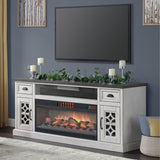Bayside Furnishings Ashlyn 74 inch electric fireplace TV console, antique white with gray top – shown in a living room with TV (stock photo)