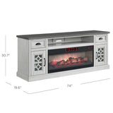Bayside Furnishings Ashlyn 74 inch electric fireplace TV console, antique white with gray top – dimensions 74 in W x 19.6 in D x 30.7 in H (stock photo)